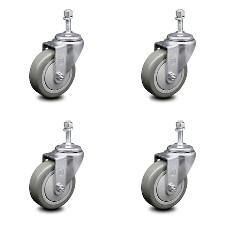 Service Caster 4 Inch Gray Polyurethane Wheel Swivel 3/8 Inch Threaded Stem Caster Set SCC SCC-TS20S414-PPUB-381615-4